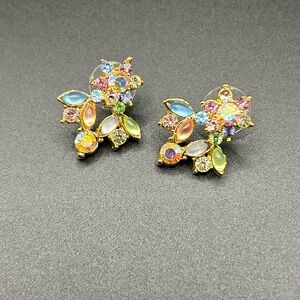 Elegant Floral gold-toned multicolor gemstone cluster stud earrings